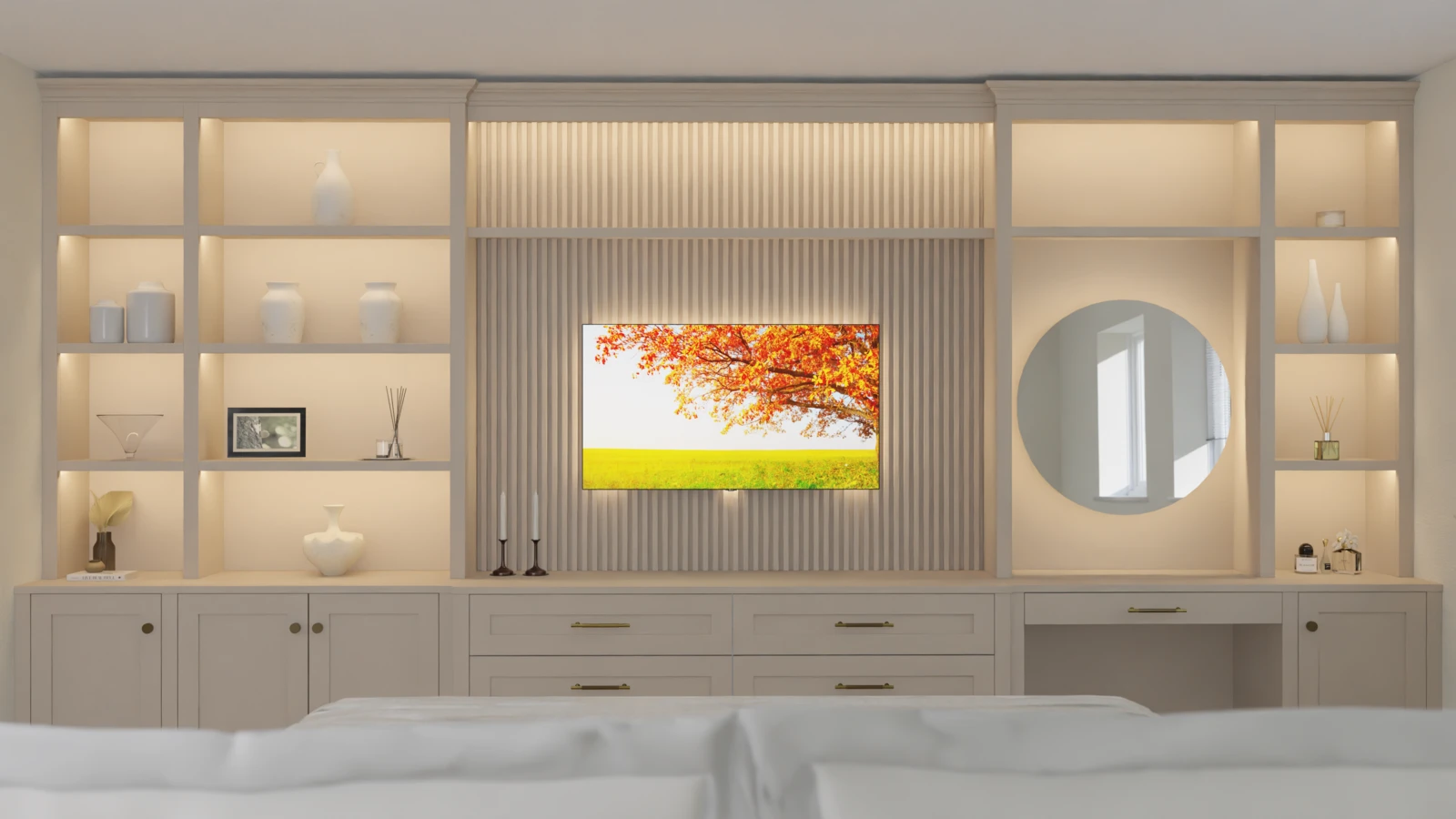 Bedroom media wall CGI design with illuminated shelving, centre slats and an integrated dressing table