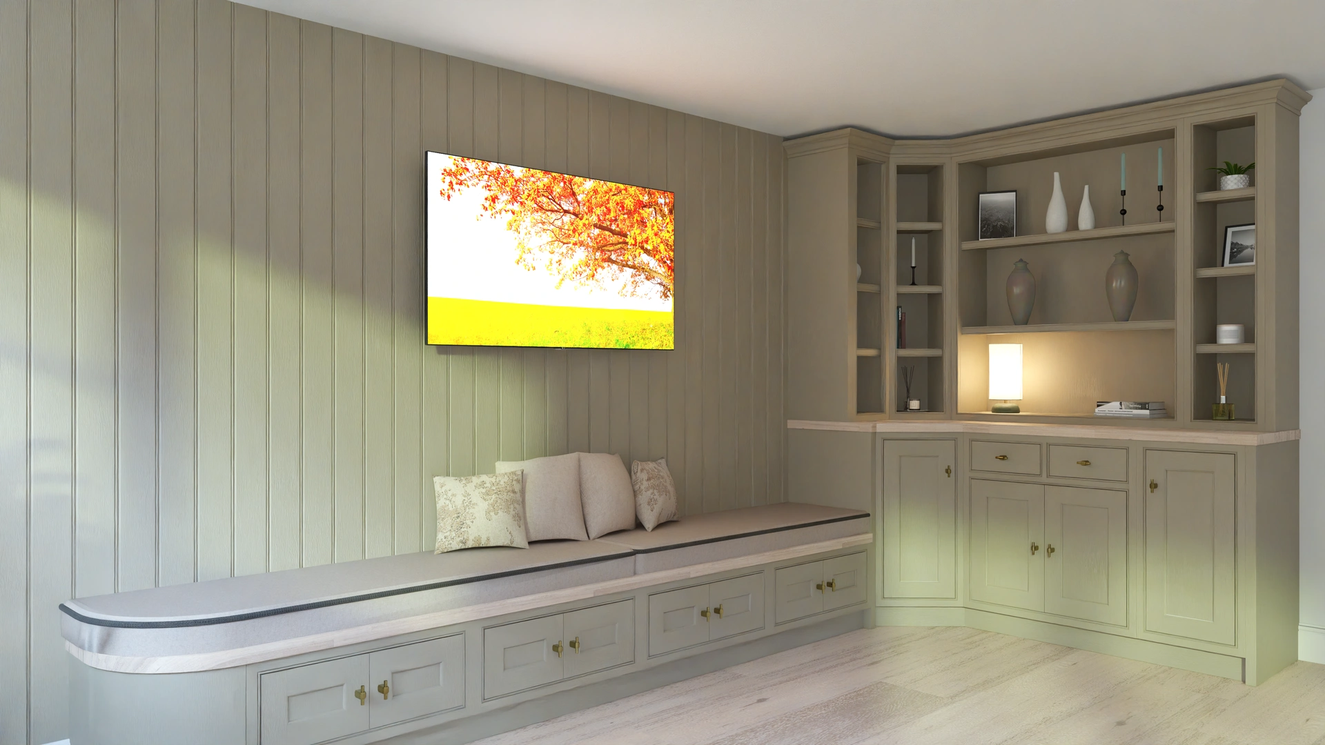Bespoke panelled media wall with fitted seating, drawers and illuminated corner cabinetry
